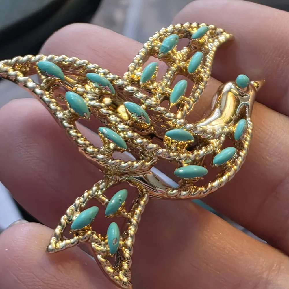 Vintage Gerry’s Gold Tone Bird Brooch Turquoise Cabochons Mid Century 585 - Picture 3 of 8